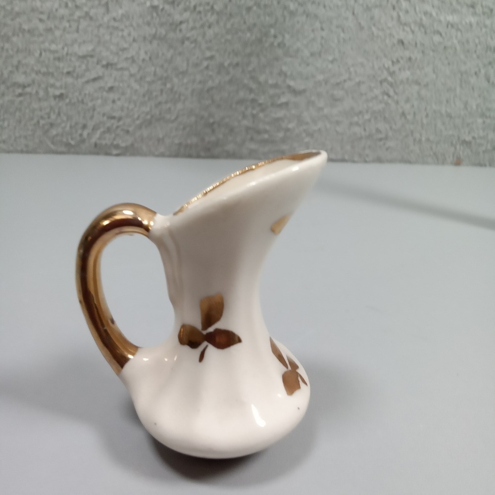 Vintage 1943 Miniature Ceramic Pitcher White Gold Leaf Hand Painted 2 Inch Vase